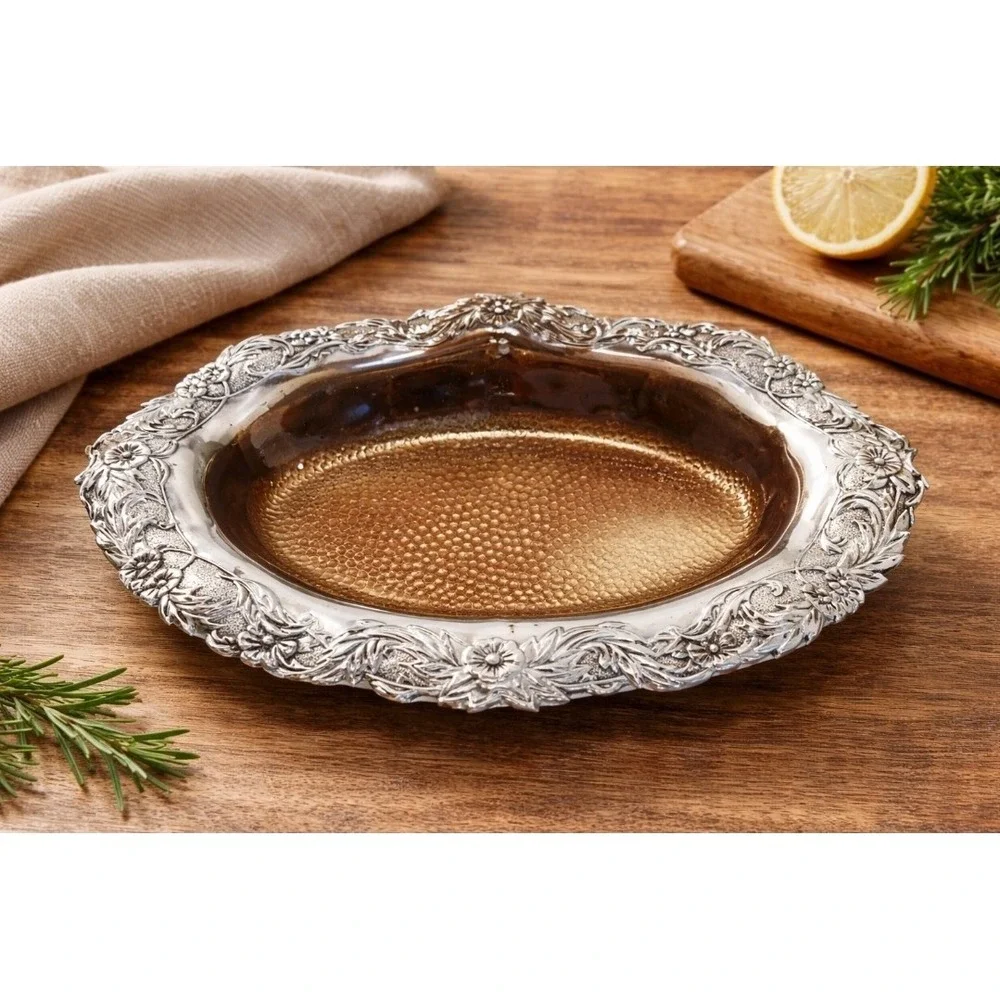 Vintage Silver Rich‎ Brand Plastic Serving Bowl Silver Tone Floral Brown Insert